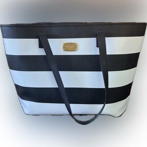 Michael Kors Saffiano Leather Jet Set Tote - Black and White Stripes
